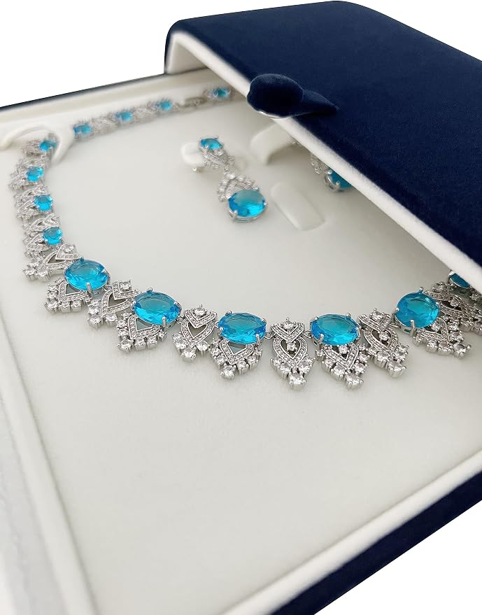 Navy Blue Velvet Jewelry Box for Large Necklace and Earrings Set Luxury Presentation Case for Pearl Strand Necklaces, Statement Jewelry, Button Clip Closure, Arc, Cream Velvet Interior, Gift Box - Image 4