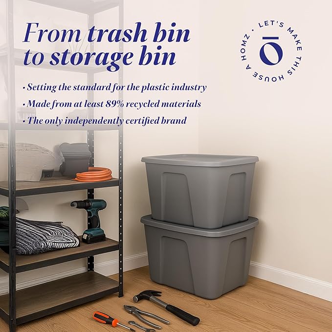 HOMZ 8-Pack Durable Molded Bin, Plastic Storage Containers w/Lids, 18 Gallon, Gray - Stackable Organizer Totes and Boxes for Bedroom, Kitchen, and Garage Organization