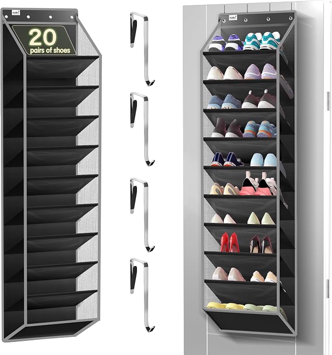 Kotkn 10 Tier Over The Door Organizer - Heavy Duty Hanging Storage Rack with Sturdy Oxford Fabric, Holds 20+ Pairs of Footwear, Boots & Sneakers, Saves 50% Closet Space (Black) by Unknown