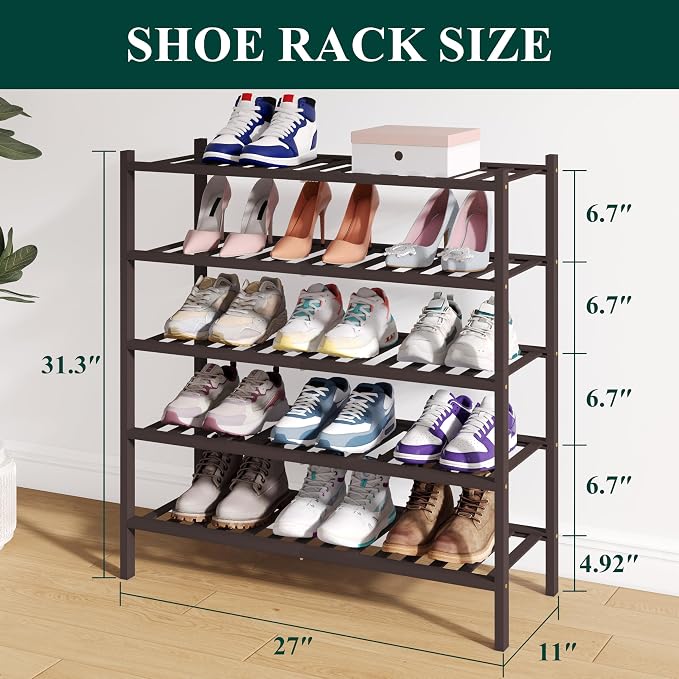 Smiry Bamboo Shoe Rack for Closet, 5 Tier Wooden Stackable Shoe Organizer, Free Standing Shoes Storage Shelf for Entryway, Front Door Entrance, Brown - Image 2