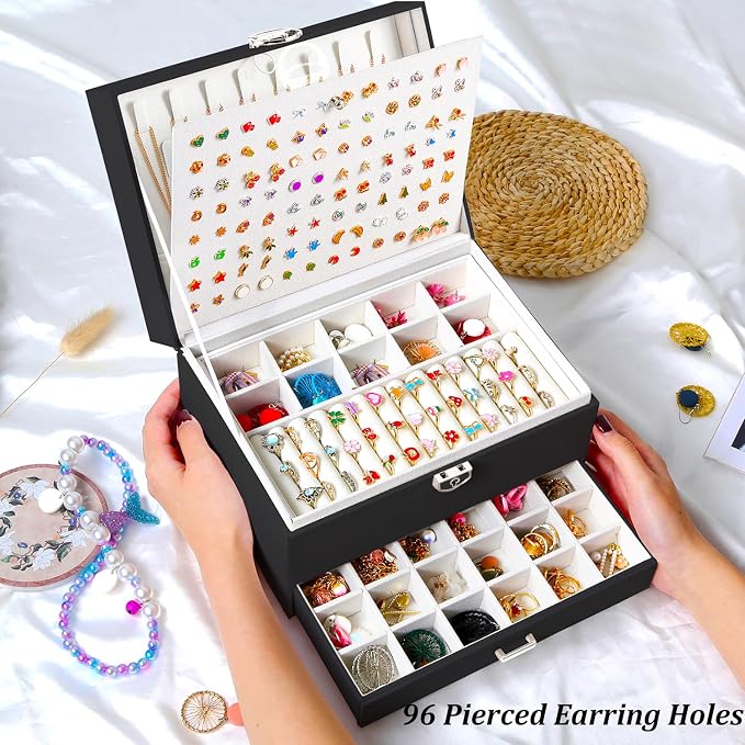 QBestry Earring Jewelry Box for Women Girls Stud Organizer, 5 Layers Black Jewelry Organizer Box With Lock Necklaces and Earrings Holder Jewelry Box with Earring Organizxer for Women Girls Xmas Gifts - Image 4