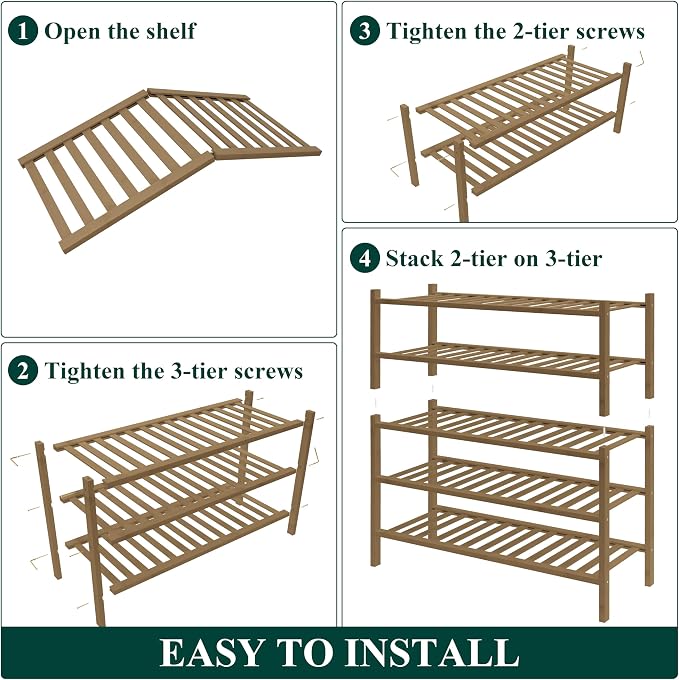 Smiry Bamboo Shoe Rack for Closet, 5 Tier Wooden Stackable Shoe Organizer, Free Standing Shoes Storage Shelf for Entryway, Front Door Entrance, Walnut - Image 6