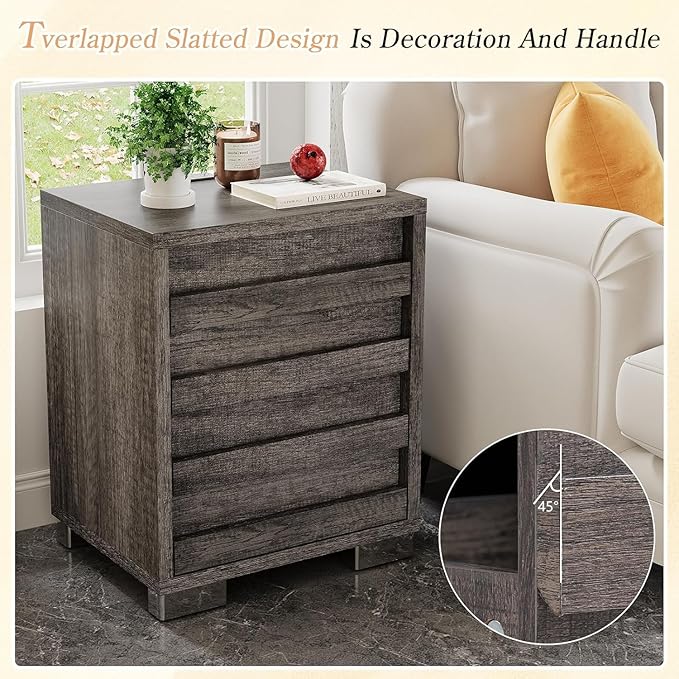 LUXOAK 3 Pcs Bedroom Furniture Sets,Includes Farmhouse King Size Bed Frame with 49" Tall Headboard and Nightstand Sets of 2 with Charging Station, Slated Handles & Stainless Steel Feet, Rustic Grey
