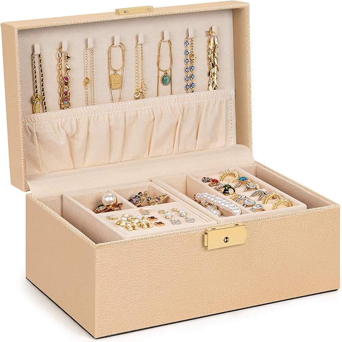 AKOZLIN Travel Jewelry Box Organizer Functional 2-trays Leather Jewelry Storage Case with Lockable Portable for Women Girls Ring Necklace Earring Bracelet Champagne - Image 5