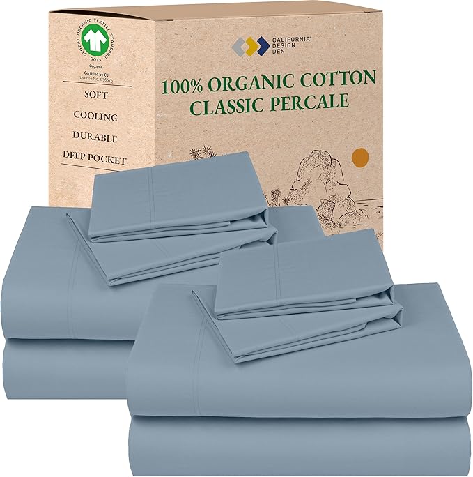 California Design Den 2-Pack Full Size Sheets Set - 100% Organic Cotton Sheets Full Size Bed Set, Crisp Percale Feel, Deep Pockets, Lightweight Bedding - Blue Hydrangea