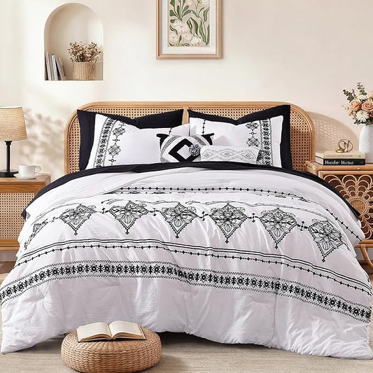 MaiRêve King Size Comforter Set Frost White, Embroidery Floral Western Boho Bedding Set, All Season 7 Pieces Bed in a Bag with Sheets, Pillowcases & Shams
