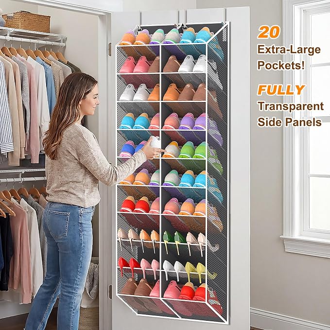 20-30 Pairs Over the Door Shoe Organizer, Breathable Mesh Pocket Hanging Shoe Storage for Closet, 10-Tier Door Shoes Rack, Handing Shoes Holder Fit All the Family's Sneakers, Boots, Heels, Dark Grey - Image 6
