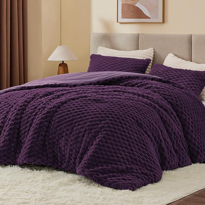 BEDELITE Fluffy Queen Comforter Set - Purple Fleece Soft Comforter for Queen Size Bed, Luxury Warm Bedding Set for Winter, Fuzzy Bed Set 3 Pieces (1 Comforter, 2 Pillowcases)