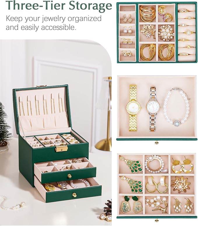 Homde Mothers Day Gifts Small Girls Jewelry Box with Lock: 3 Layer Organizer with Removable Tray - Storage for Ring Necklace Earring - Birthday & Return Gifts for Young Women (Midnight Green) - Image 5