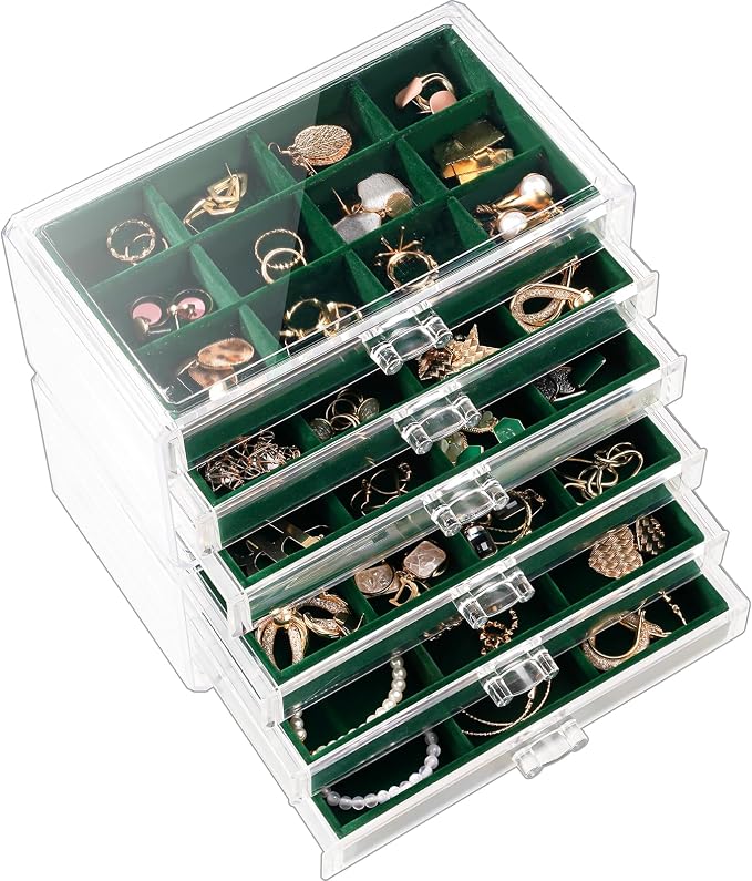 Lolalet Earring Holder Organizer Box Jewelry Storage with 6 Drawers, Clear Acrylic Stackable Earring Case with Adjustable Velvet Trays for Women on Dresser Vanity -Emerald, 6 Layers by Lolalet