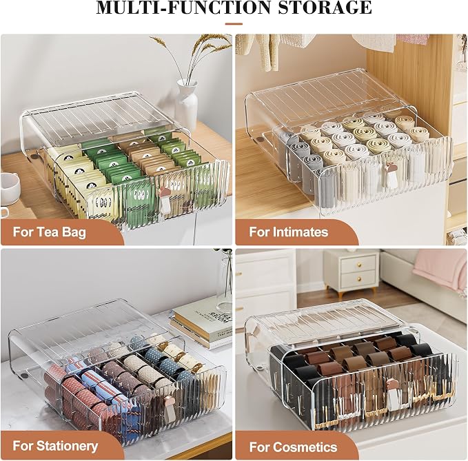Sock Underwear Drawer Organizer - 24 Compartment Clear Acrylic Storage Bins with Removable Dividers for Closet, Stackable Dresser Drawer Box for No-Mess Socks, Tiers, Baby Clothes, Belt, Tea Bag - Image 6