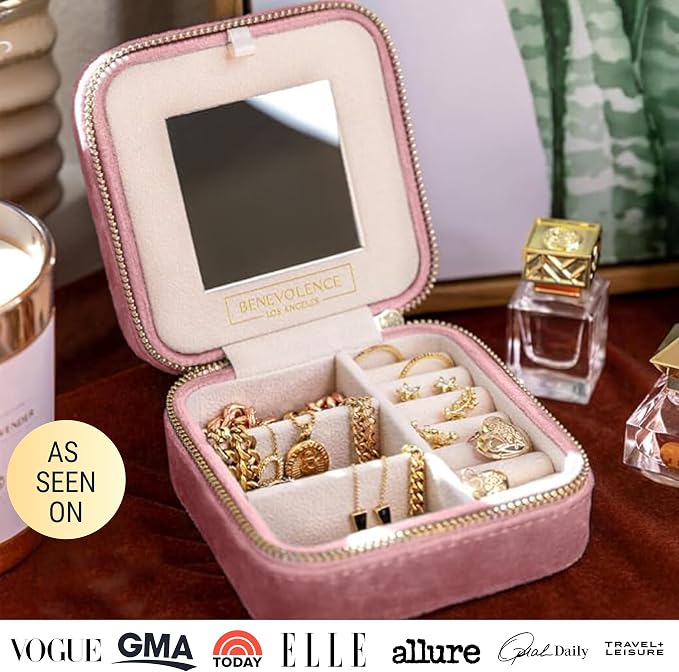 Benevolence LA Plush Velvet Jewelry Box | Travel Jewelry Case Organizer with Mirror | Featured in Oprah's Favorite Things | Best Gifts For Daughter, Girlfriend, Mom | Gifts For Her - Dusty Pink - Image 6