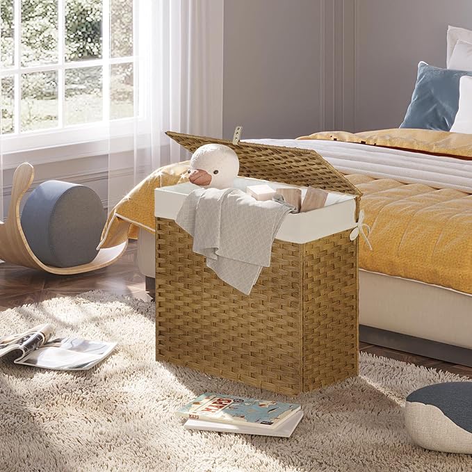 Greenstell Laundry Hamper with Lid, 125L Large Clothes Hamper with 3 Section & 2 Section Removable Liner Bags & 5 Mesh Laundry Bags, Handwoven Synthetic Rattan Divided Laundry Basket, Natural - Image 5