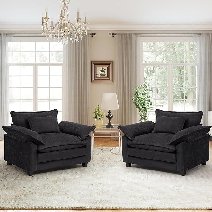 Modern Oversized Accent Chairs Set of 2,Chenille Cloud Sofa Chair with Deep Seat,Upholstered Armchair with Extra Thick,Comfy Reading Chairs for Living Room Bedroom Apartment Black