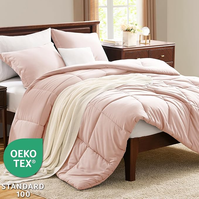 CozyLux Full Size Comforter Sets - Blush Pink Comforter Full Size, 3 Pieces Box Stitched Bed Set for All Seasons, Soft Lightweight Bedding Sets with 1 Down Alternative Comforter and 2 Pillow Shams