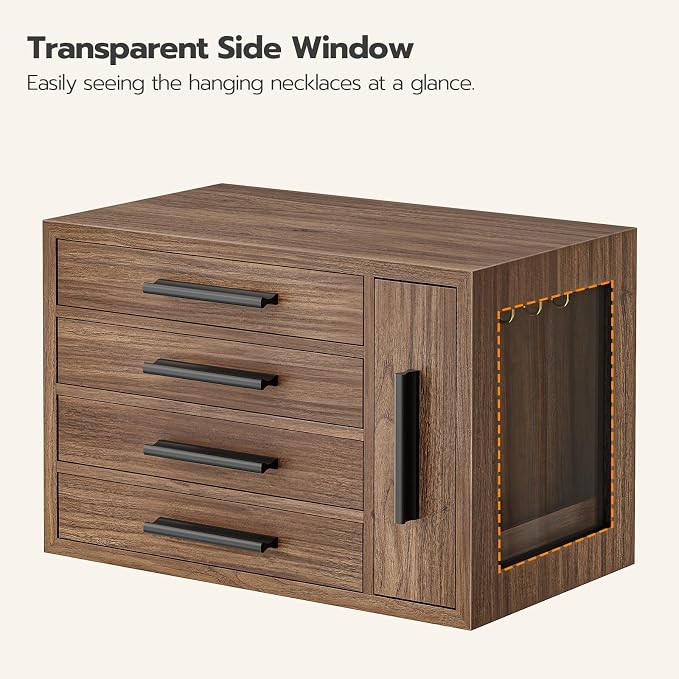HOOBRO Jewelry Box for Women, Wooden Jewelry Organizer with Transparent Window, 4-Layer Jewelry Organizer Box, Jewelry Holder Organizer for Earrings, Necklaces, Rings, Walnut and Black BH09JB04 - Image 6
