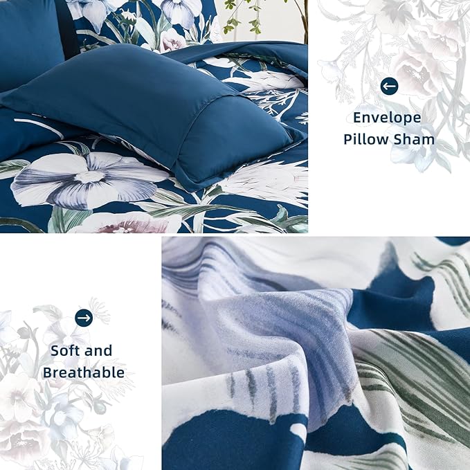 Luxudecor Floral Comforter Set King Size 7 Piece, Navy Flower Bed in a Bag, Elegant Comforter Bedding Set for All Season (Navy, 104"x90")