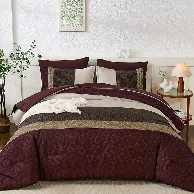 Dinjoy Boho Queen Comforter Set Burgundy,7 Piece Bed in a Bag Queen Size Warm Striped Dark Red Bedding Sets Plaid Fall Comforters Set with Sheets for Family All Season