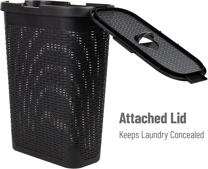 Mind Reader Slim Laundry Hamper with Lid, 40L Clothes Basket, Narrow Tapered Design with Ventilated Cutout Pattern, Plastic, Black - Image 5