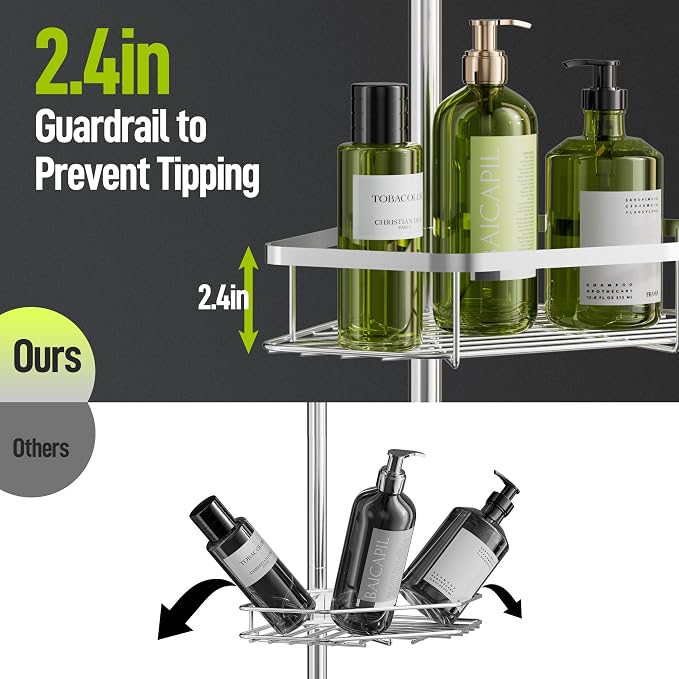 LAMU Shower Caddy Corner Tension Pole, Stainless Steel Shower Organizer, Strong Spring, 5 Adhesive Pads, 2.4 in Non-Slip Grid Base, Adjustable 4-Tier Basket, 4 Hooks, Fits Heights 37.8-124 in, Silver - Image 6