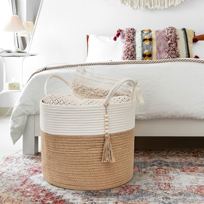 Mkono Woven Storage Basket Decorative Natural Rope Basket Wooden Bead Decoration for Blankets,Toys,Clothes,Shoes,Plant Organizer Bin with Handles Living Room Home, 16" Wx13.8 L, Cream White and Brown - Image 3