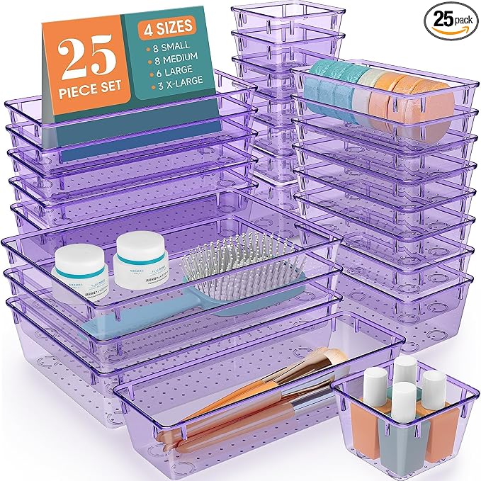 StorMiracle 25 PCS Drawer Organizer Set, 4 Varied Size Bathroom and kitchen Drawer cabinet organizer Trays, Clear Storage Bins for Makeup, Jewelry, Utensils and Gadgets， Purple by StorMiracle