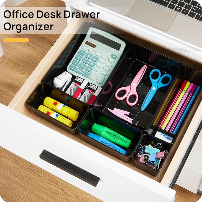 Vtopmart 25 PCS Office Desk Drawer Organizers Set, 4-Size Versatile Plastic Drawer Organizer Trays, Storage Bins for Desk Accessories Office Organizers and Storage, Bathroom, Makeup, Vanity, Black - Image 4