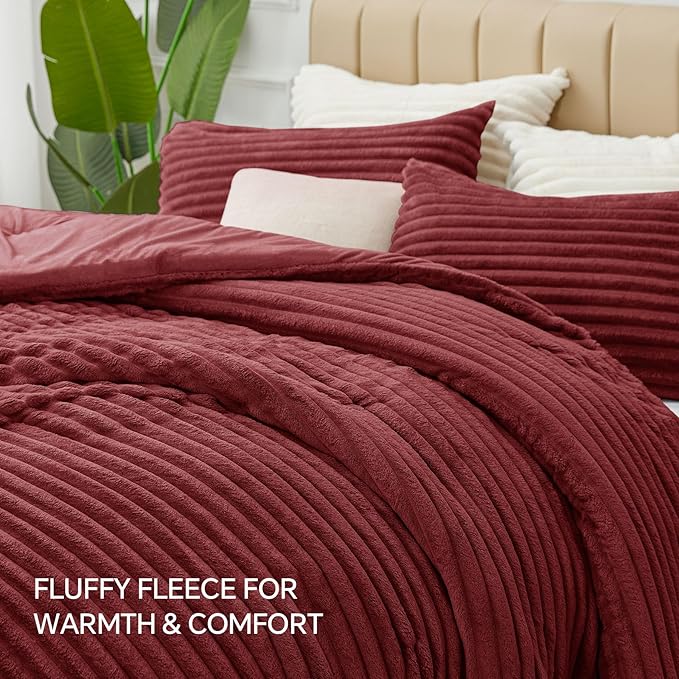 BEDELITE Fleece Full Comforter Set -Super Soft & Warm Fluffy Burgundy Bedding, Luxury Fuzzy Heavy Bed Set for Winter with 2 Pillow Cases