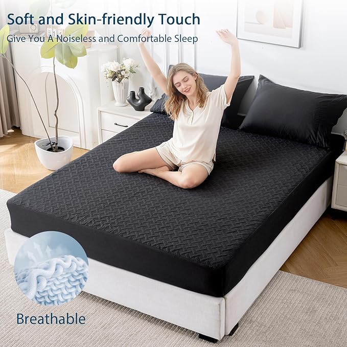 Full Mattress Protector Waterproof - Ultrasonic Noiseless Mattress Pad with Reinforced TPU Backing, Breathable Bed Cover Fit 6"-15" Deep Pocket for Potty Training, Pets & Night Sweats, Black