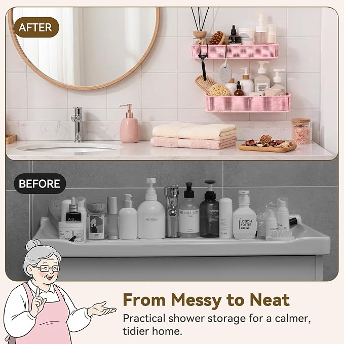 GRANNY SAYS 2 Pack Wicker Shower Caddy Hanging, Shower Shelf for Inside Showers, Adhesive Shelves for Bathroom Organizers and Storage, Bathroom Shelves Wall Mounted with 4 Hooks for Home Decor, Pink - Image 3
