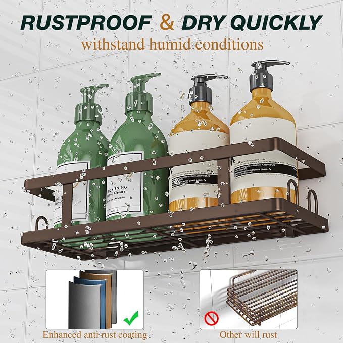 Youvip Adhesive Shower Caddy,Shower Shelves with Soap Holder and 12 Hooks,Rustproof No Drilling Bathroom Organizer and Storage,Bronze,3 Pack - Image 3