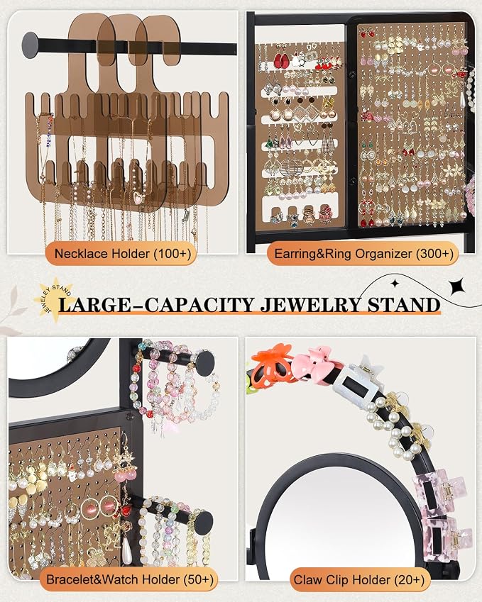 Mirror Jewelry Cabinet Standing, Jewelry Organizer and Storage with Jewelry Mirror, Jewelry Armoire with Earring Organizer Necklace Holder Bracelet Display, Large Tall Stand Up Jewelry Box Stand Tree - Image 3