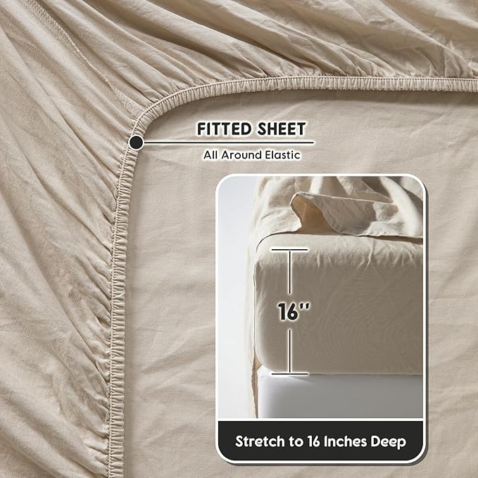 SONORO KATE 100% French Pure Linen Sheets, Breathable and Durable Line Twin Size Sheets, Anti-Tear Line Bed Sheets, Machine Washable, 16 Inch Deep Pocket - 3 Piece (Natural Linen, Twin)
