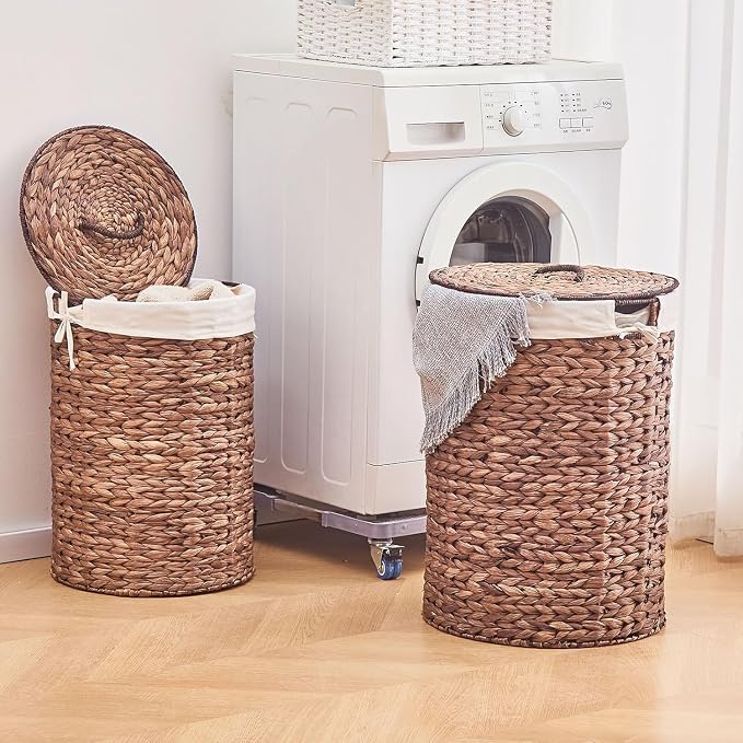 Round Water Hyacinth Laundry Hamper with Lid Handwoven Wicker Basket with Handles for Dirty Clothes, Storage, and Organization Ideal for Bedroom, Bathroom, and Laundry Room, No Assembly Required, 90L - Image 8