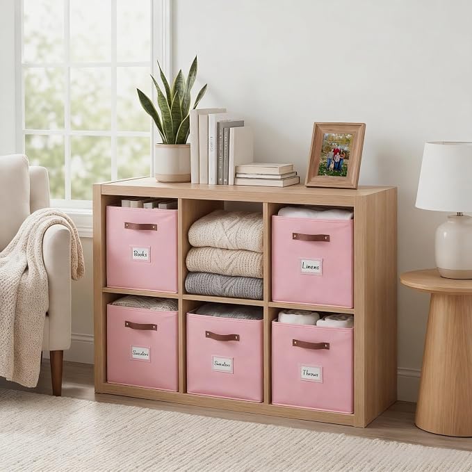 DECOMOMO Storage Bins, Cube Storage Bin with Labels, Fabric Storage Cubes for Shelves (10.5" x 11" / 6pcs, Pink) - Image 2