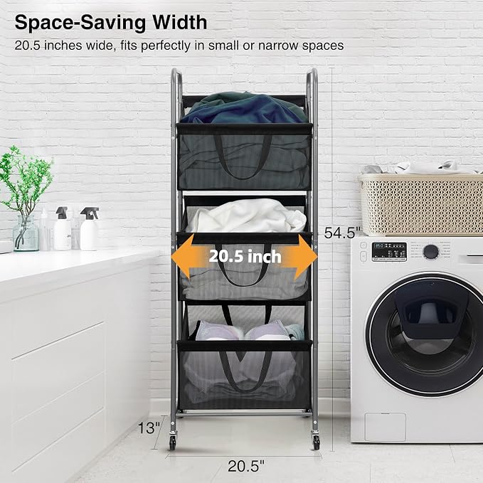 STO STO 3-Tier Vertical Rolling Laundry Hamper with Removable Bags, 120L Stackable Laundry Sorter Basket, Clothes Hamper with Wheels for Small Spaces, Closet, Bedroom, Bathroom, Laundry Room, Black - Image 3