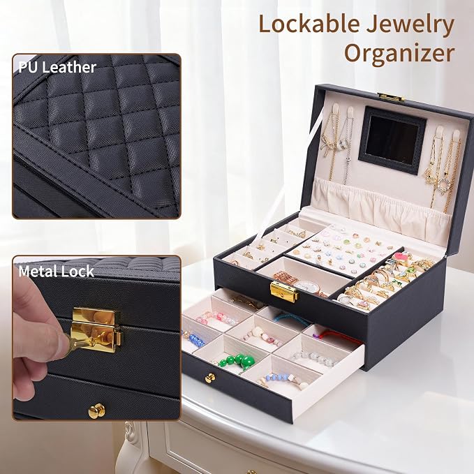 coobest Jewelry Box, 2 Layer Jewelry Organizer with Velvet Earring Organizer, Jewelry Holder Organizer Travel, White Jewelry Boxes for Women, Jewelry Boxes & Organizers for Girls, Black - Image 6