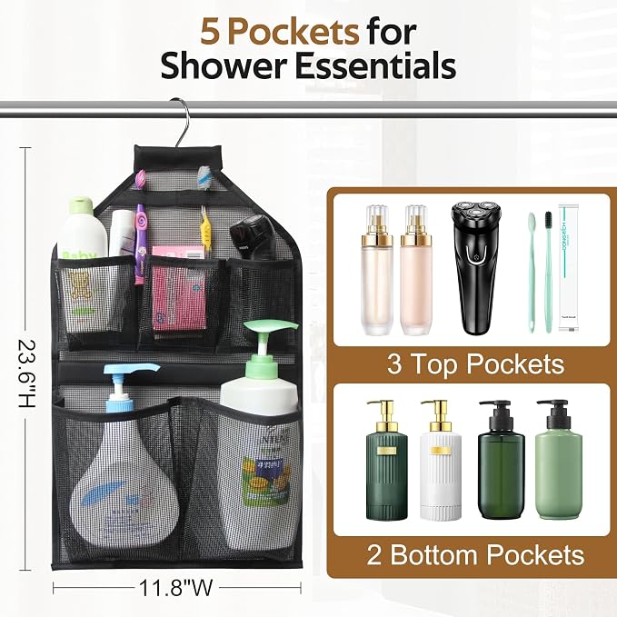 MISSLO Bathroom Shower Organizer Mesh Hanging Shower Caddy with Rotatable Hanger (Black) - Image 4