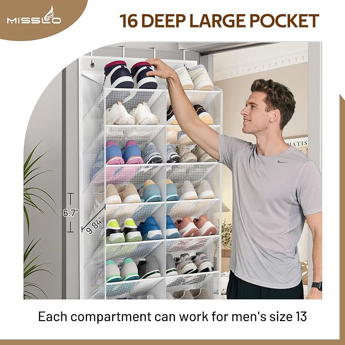 MISSLO 24 Pairs Over the Door Shoe Organizer Breathable Mesh Hanging Shoe Rack for Closet Storage with Wide Deep Pockets 8 Tier Shoes Holder Fit All the Family's Sneakers, Boots, Heels (White, 57.5") - Image 5