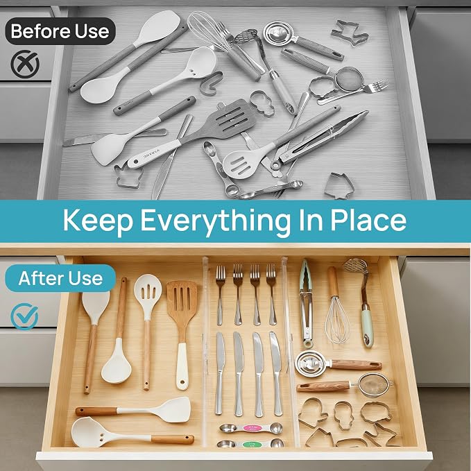 Vtopmart 4 Pack Shallow Drawer Dividers, 2.36" High 12.5"-20.8" Adjustable Expandable Kitchen Drawer Organizer, Clear Plastic Organizer Separators for Flatware, Utensil, Cutlery, Underwear, Clothes - Image 6