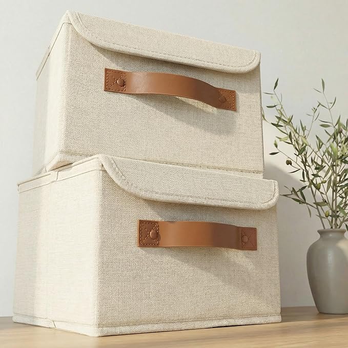 Decorative Linen Storage Boxes with Lids - Spacious Set of 2 Organizer Bins for Your Home Decor - The Perfect Small Container to Safely Store Photos, Documents and Memory Box Keepsakes in Style by ZICOTO