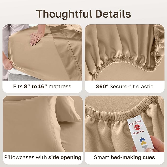 California Design Den King Size Sheets Set 600 Thread Count, 100% Cotton Sateen, Soft, King Size Bed Sheets, Bedding Sheets & Pillowcases (Golden Tan)