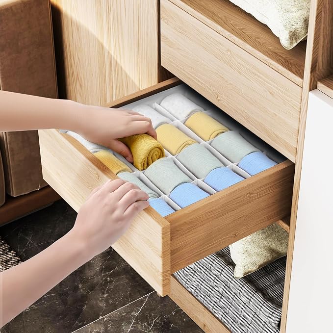 Joyoldelf Sock Drawer Organizer Divider, 16-Cell Underwear Organizers and Storage Fabric Drawer Organizer for Socks, Lingerie, Handkerchiefs, Ties Black, 2 Packs (White) - Image 3
