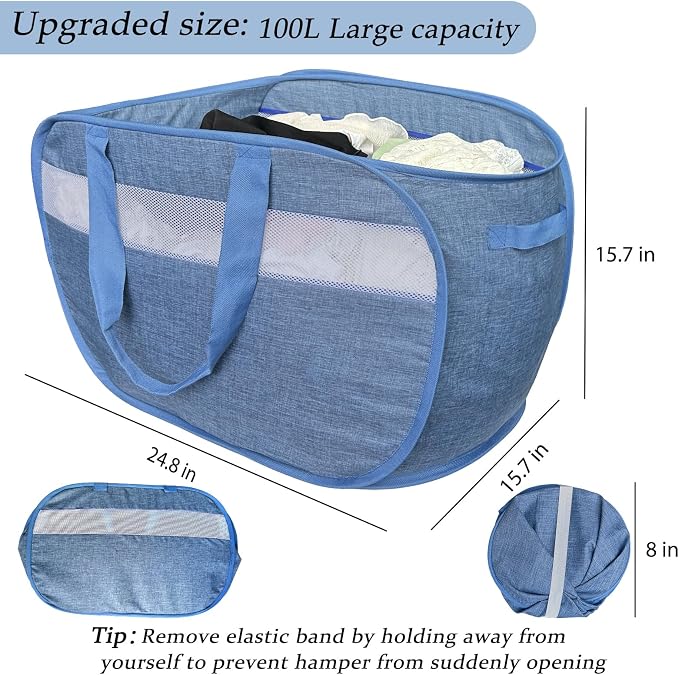 100L Mesh Pop Up Laundry Hampers with Handles, Extra Large Collapsible Laundry Baskets 2 Pack, Portable Travel Laundry Basket, Dirty Clothes Hamper Light Breathable, Bule. 2H - Image 3