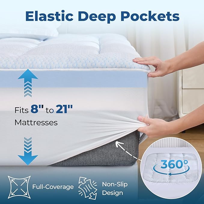 BDEUS 4 Inch Dual Layer Memory Foam Mattress Topper King Size, 2 Inch Gel Memory Foam, 2 Inch Cooling Pillow Top Mattress Pad Cover for Back Pain & Hot Sleeper