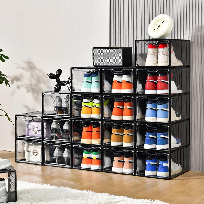 Stebopum 12 Pack Stackable Shoe Storage Organizer with Magnetic Door, Shoe Boxes Clear Black Plastic for Closet, Shoe Rack for Sneaker Boot Container, Shoe Cabinet Fit up to US Size 12 - Image 6