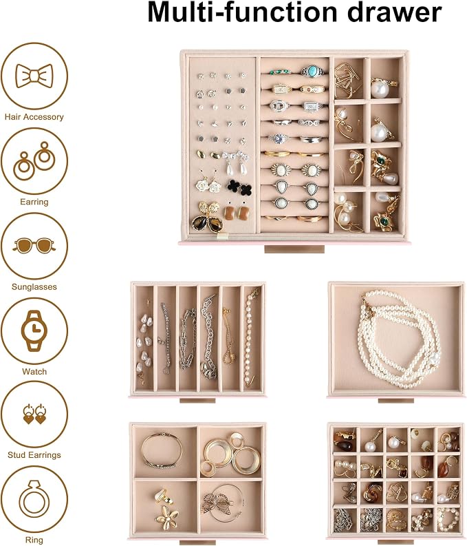 Frebeauty Clear Lid Jewelry Box,5-Layer Jewelry Organizer with Drawer,PU Leather Jewelry Organizers and Storage,Jewelry Boxes for Women,Jewelry Storage for Rings Earring Stud,Gift for Women(Pink) - Image 4