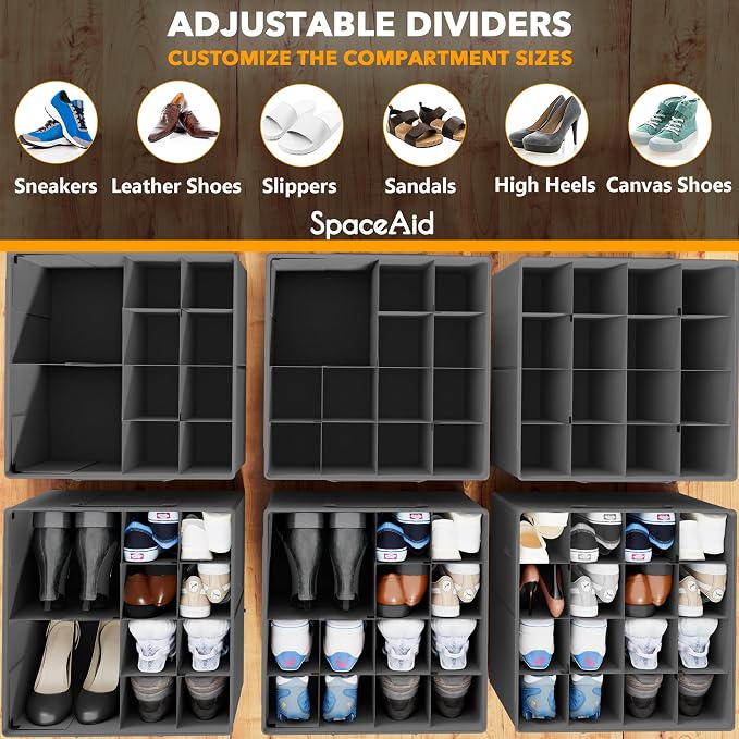 SpaceAid Shoe Organizer for Closet, 2 Pack Foldable Shoe Storage Containers Baskets Boxes Bins w/Adjustable Dividers, Fits 16-32 Pairs, Grey - Image 3