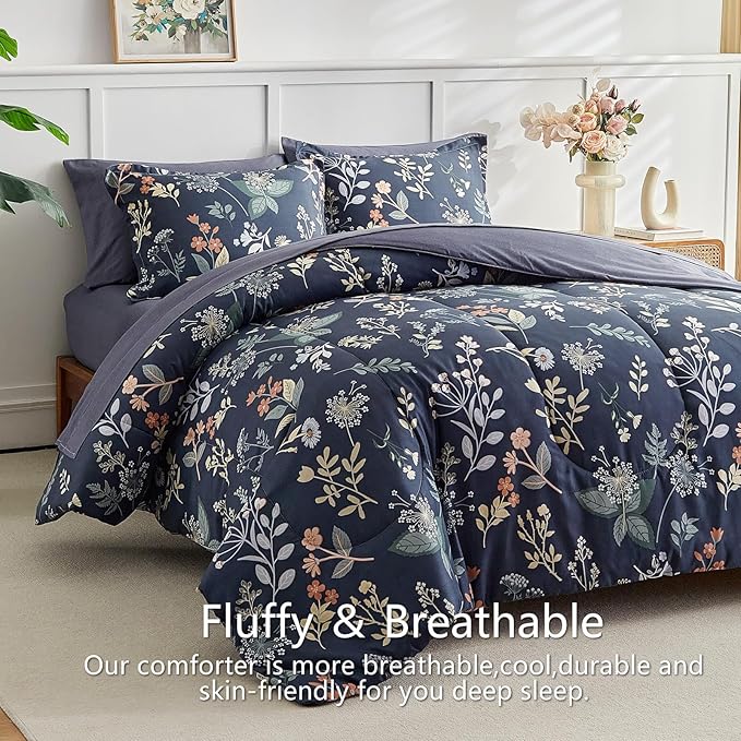 AIKASY 7-Piece Queen Size Bed in a Bag Comforter Set - Blue Fog Floral Ensemble with Reversible Botanical Flowers Comforter, Sheets, Pillowcases & Shams