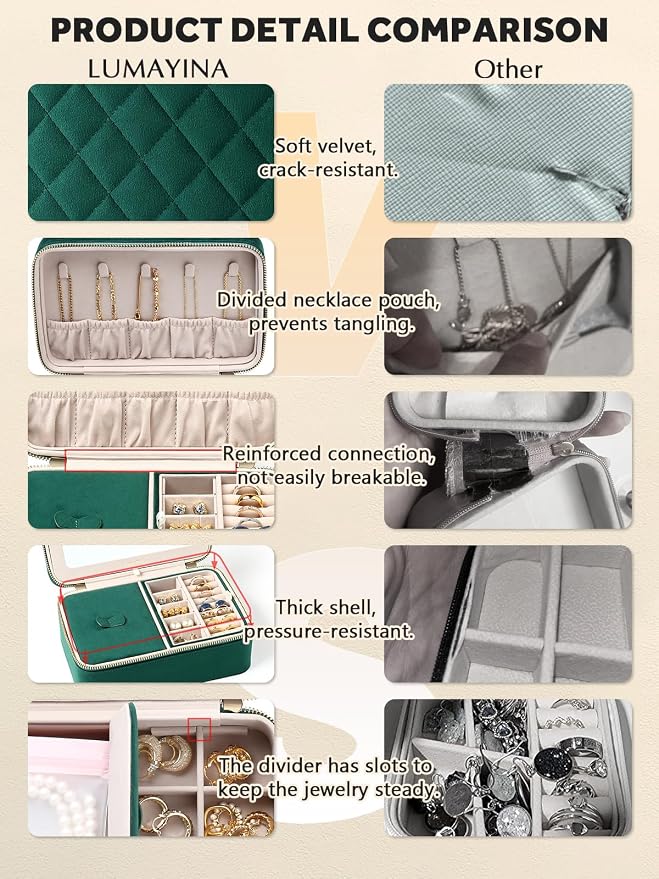 Velvet Travel Jewelry Box with Large Mirror, Double-Layer Jewelry Organizer Case for Women and Girls, Portable Storage Case with 6 Anti-Tarnish Bags Gift Ready for Her (Emerald Green) - Image 6